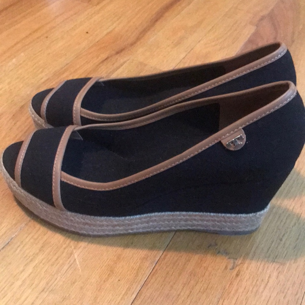 Tory Burch black peep toe espadrille wedges NWOT